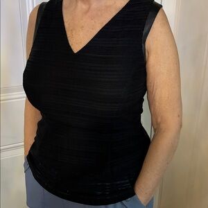 White House Black Market Black V-Neck Peplum Blouse, Pleather trim sleeves